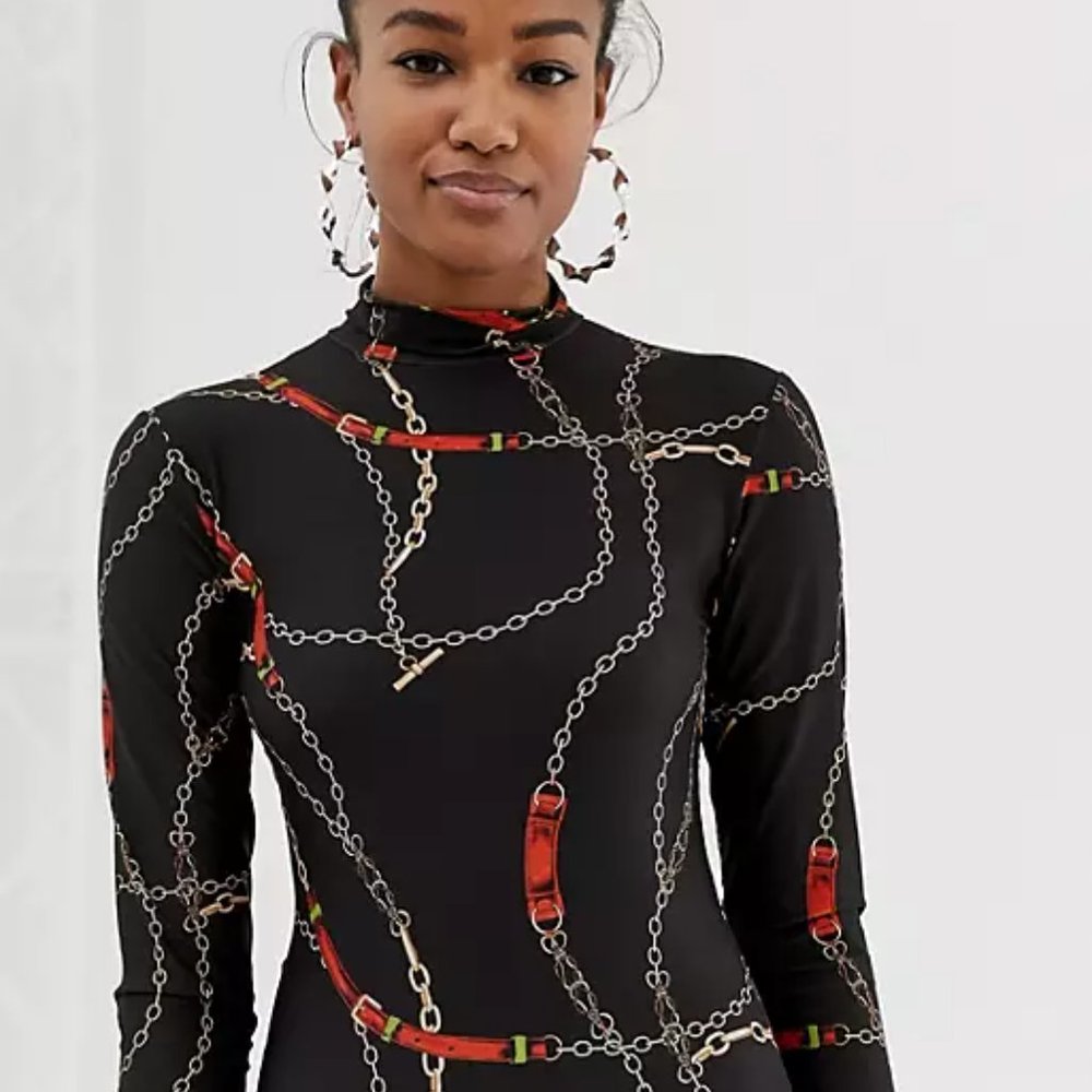 ASOS Berksha High Mock Neck Bodysuit Chain Print